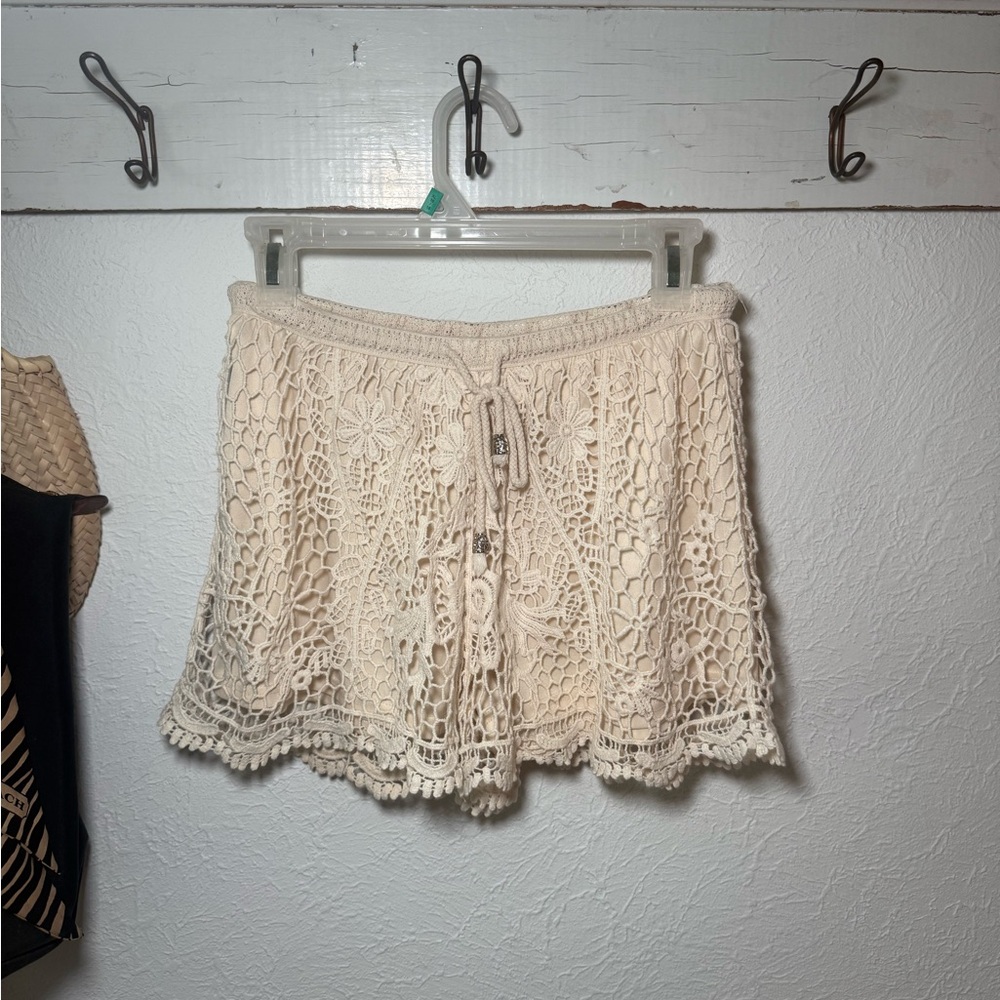 Crochet Lace Drawstring Shorts in Cream
